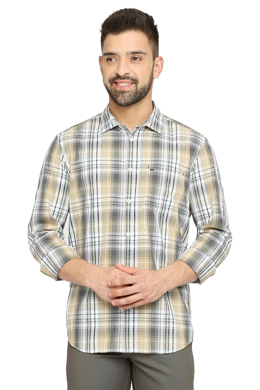 BASICS SLIM FIT PEPPER BEIGE COTTON POLYESTER CHECKS SHIRT