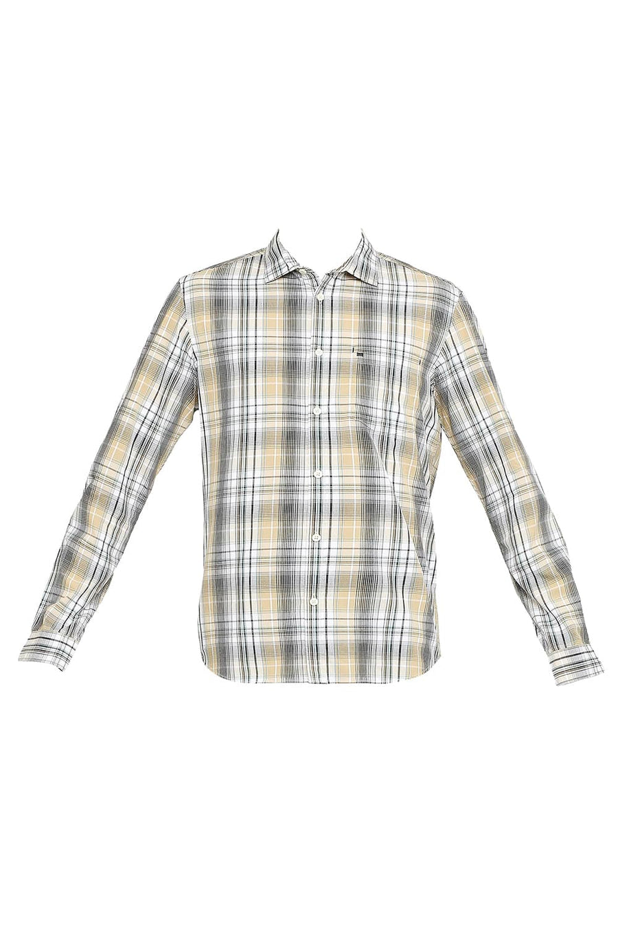 BASICS SLIM FIT PEPPER BEIGE COTTON POLYESTER CHECKS SHIRT