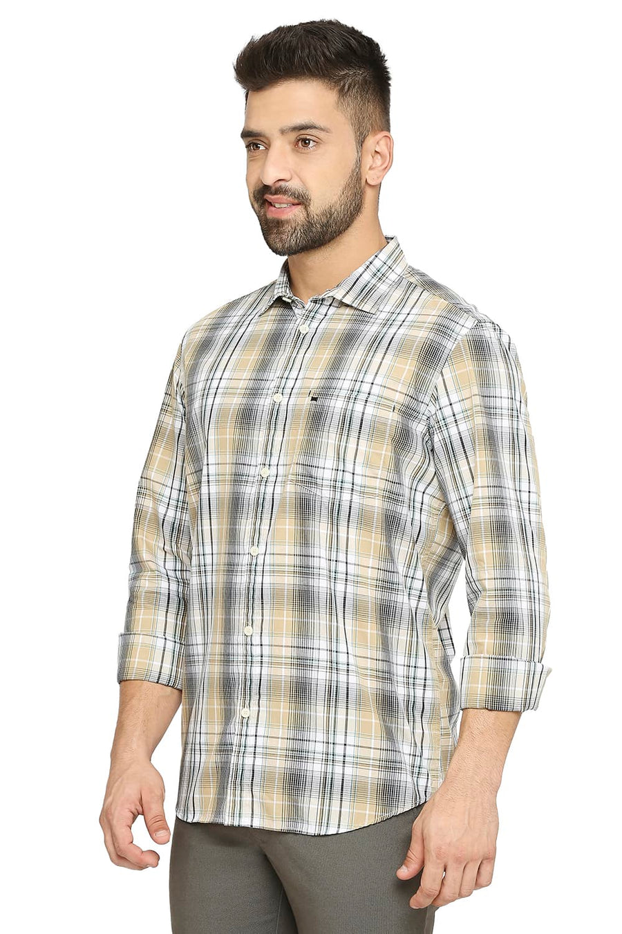 BASICS SLIM FIT PEPPER BEIGE COTTON POLYESTER CHECKS SHIRT
