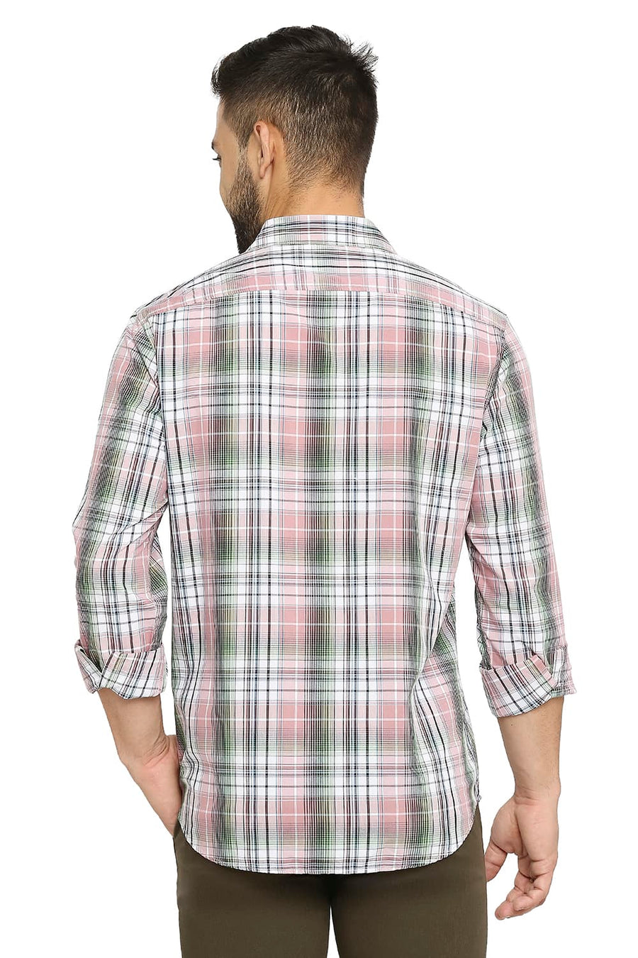 BASICS SLIM FIT DUSTY PINK COTTON POLYESTER CHECKS SHIRT