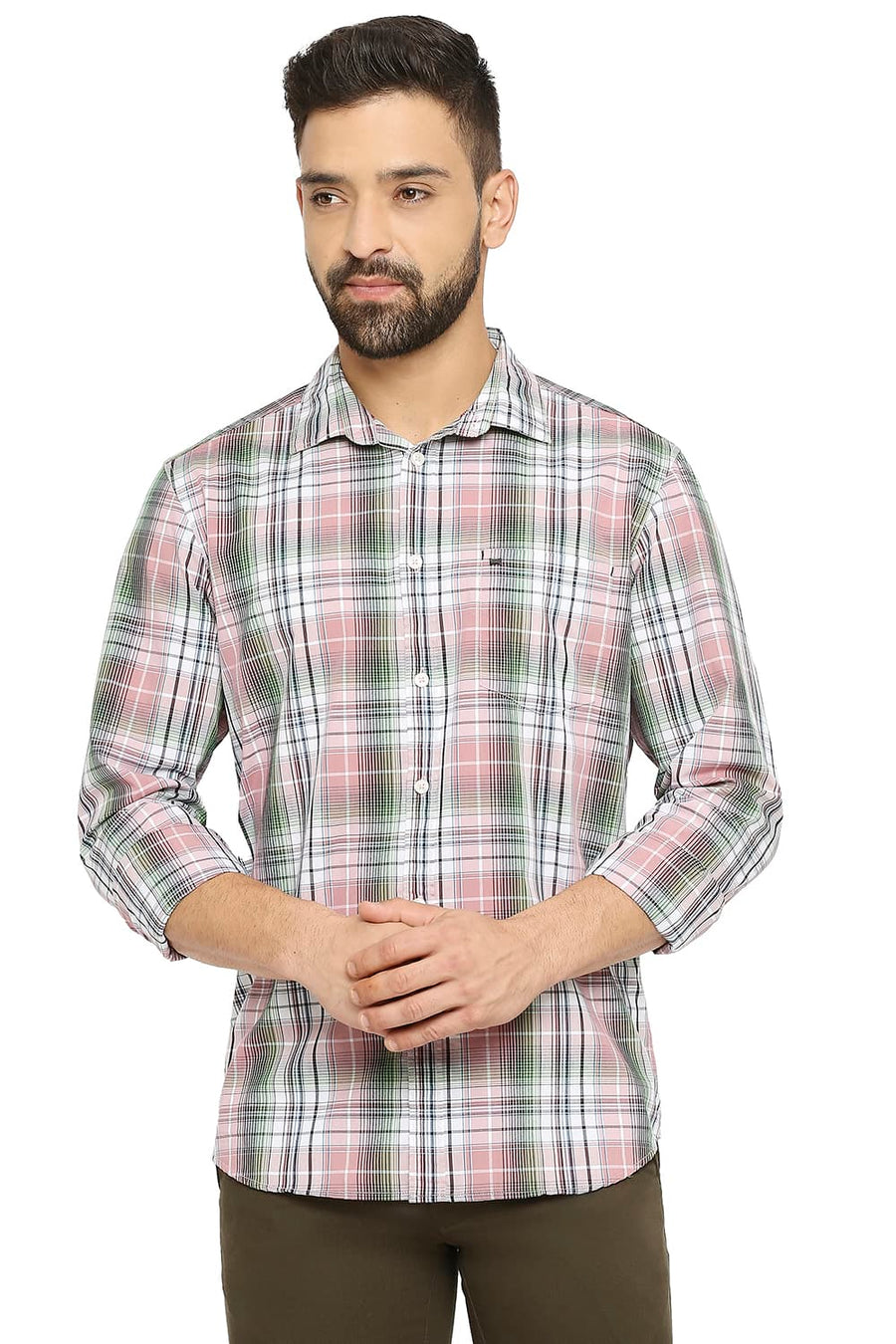 BASICS SLIM FIT DUSTY PINK COTTON POLYESTER CHECKS SHIRT
