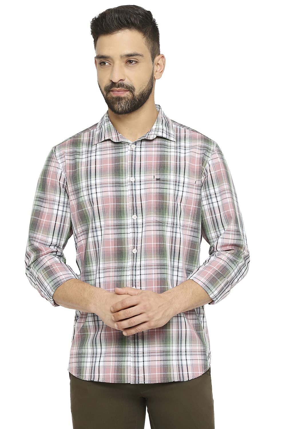 BASICS SLIM FIT COTTON POLYESTER CHECKS SHIRT