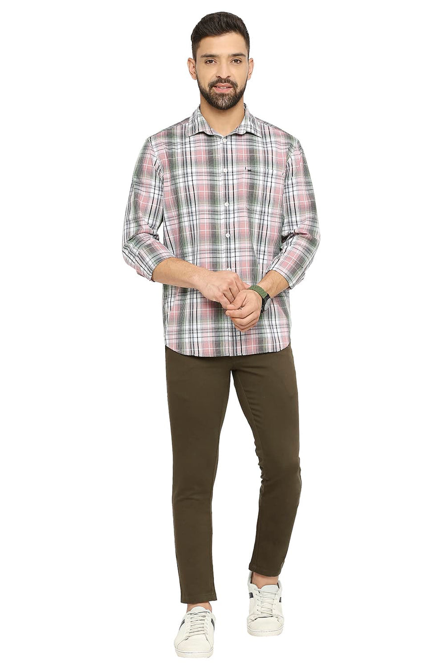 BASICS SLIM FIT DUSTY PINK COTTON POLYESTER CHECKS SHIRT