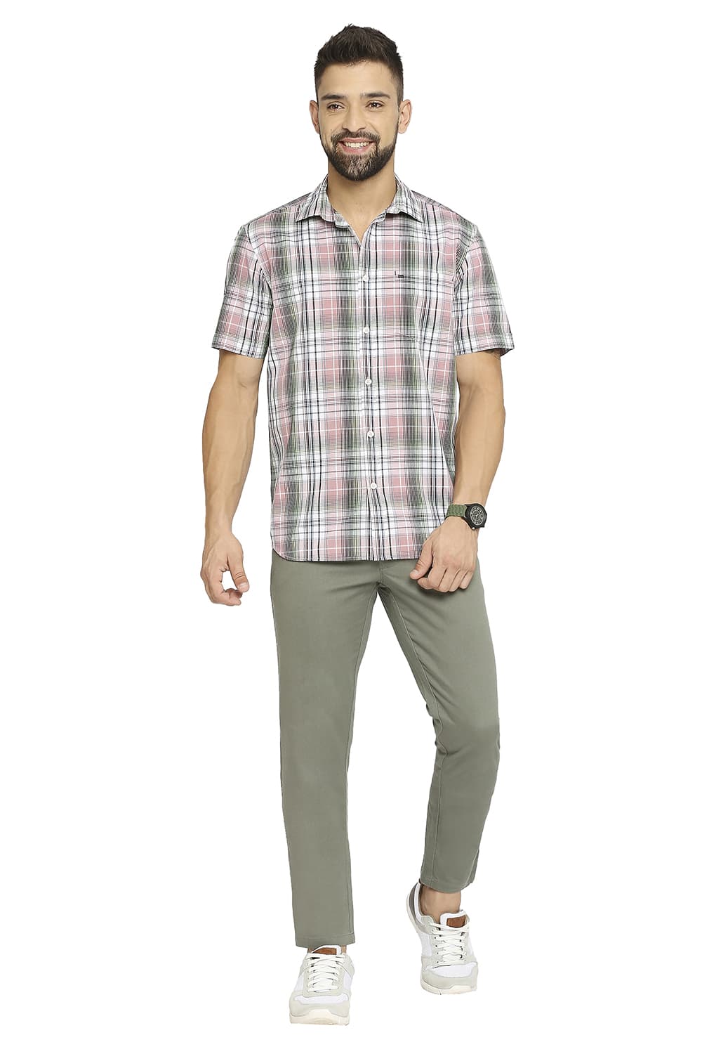 BASICS SLIM FIT COTTON POLYESTER CHECKS HALFSLEEVES SHIRT