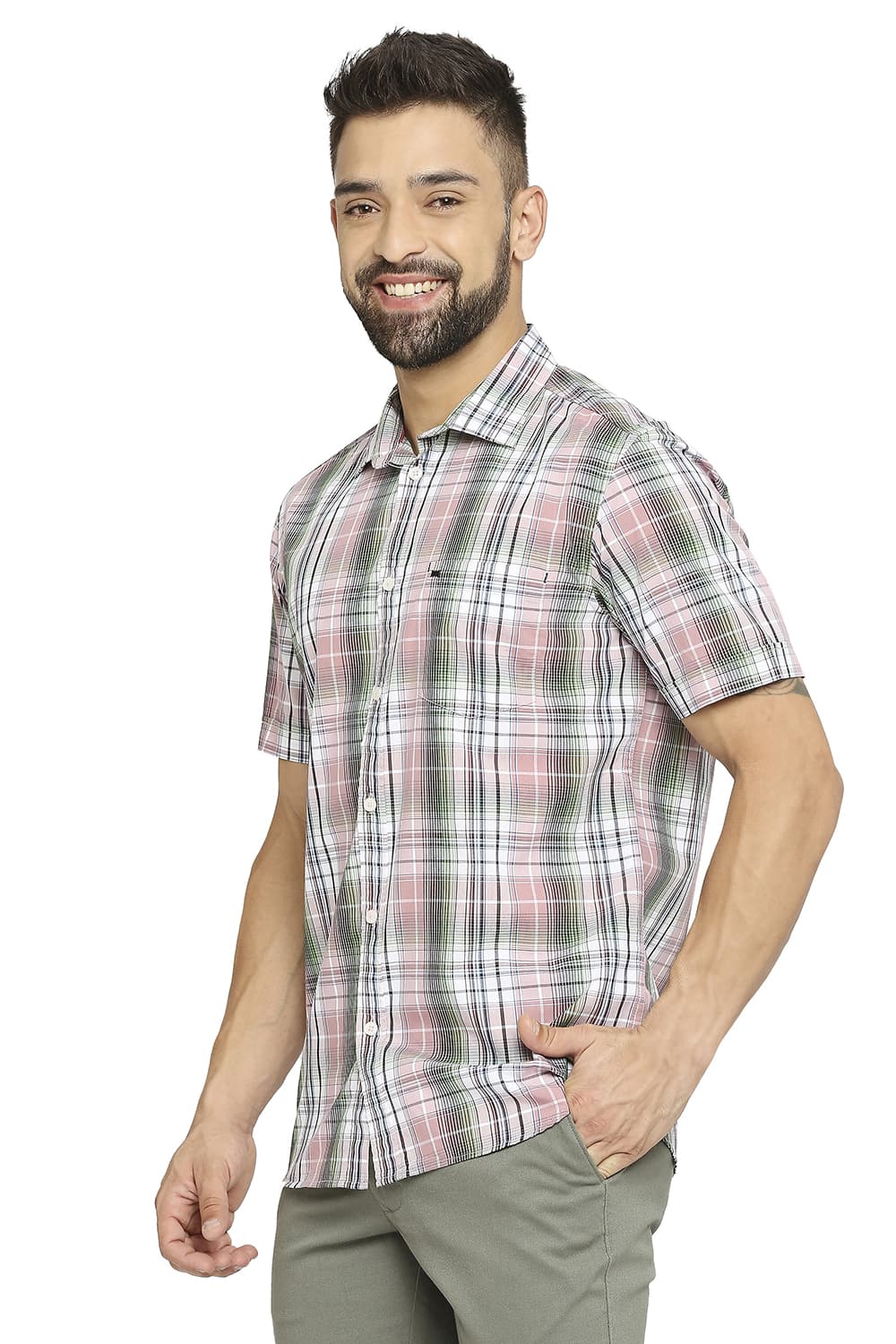 BASICS SLIM FIT COTTON POLYESTER CHECKS HALFSLEEVES SHIRT