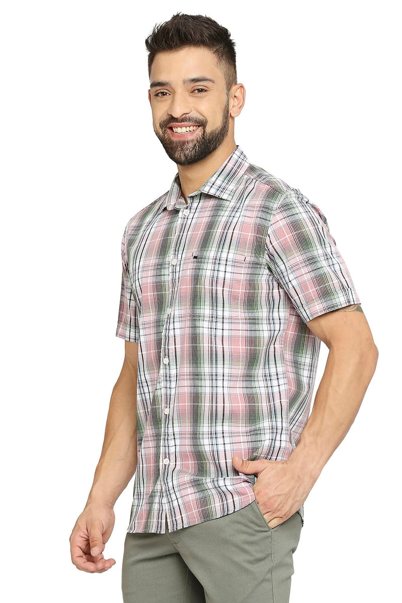 BASICS SLIM FIT COTTON POLYESTER CHECKS HALFSLEEVES SHIRT