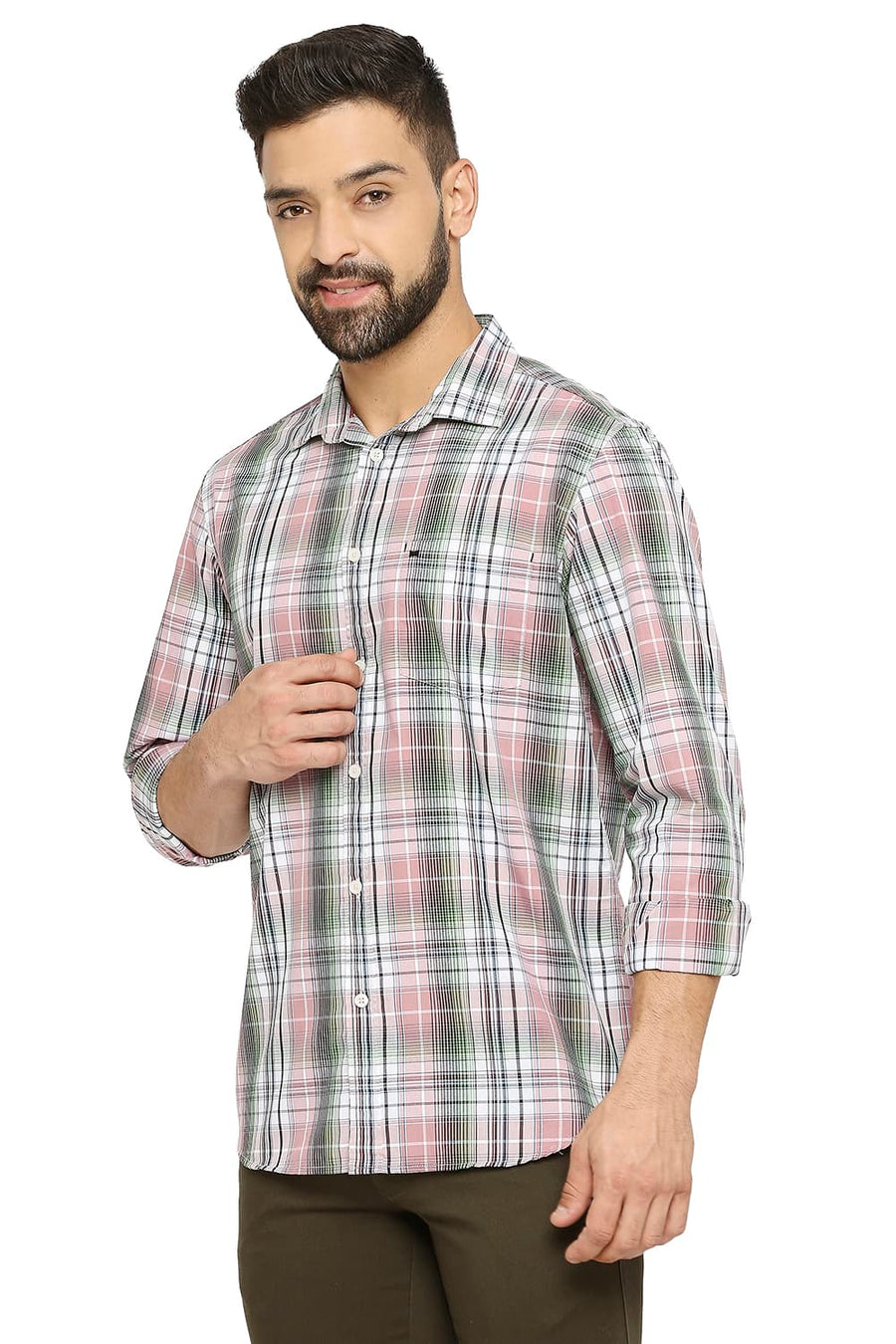 BASICS SLIM FIT DUSTY PINK COTTON POLYESTER CHECKS SHIRT