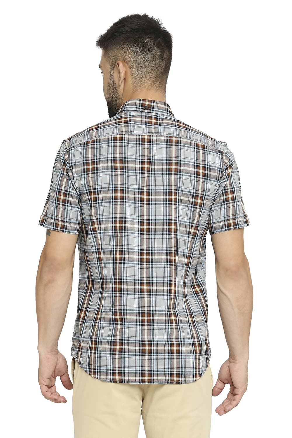 BASICS SLIM FIT COTTON TWILL CHECKS HALFSLEEVES SHIRT