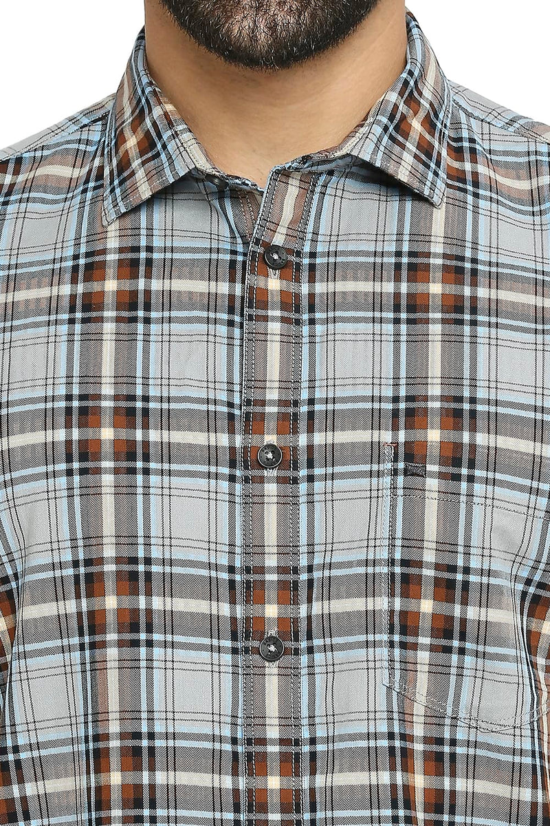 BASICS SLIM FIT COTTON TWILL CHECKS HALFSLEEVES SHIRT