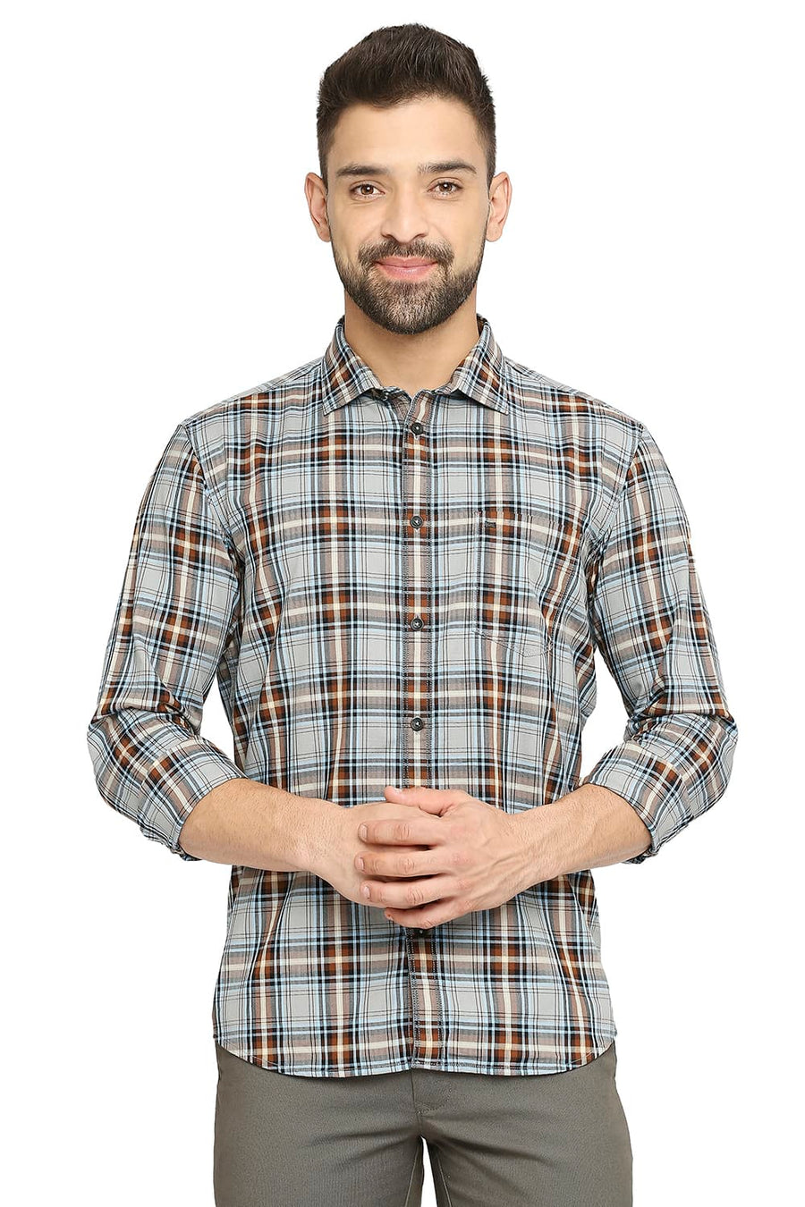 BASICS SLIM FIT MIRAGE GREY COTTON TWILL CHECKS SHIRT