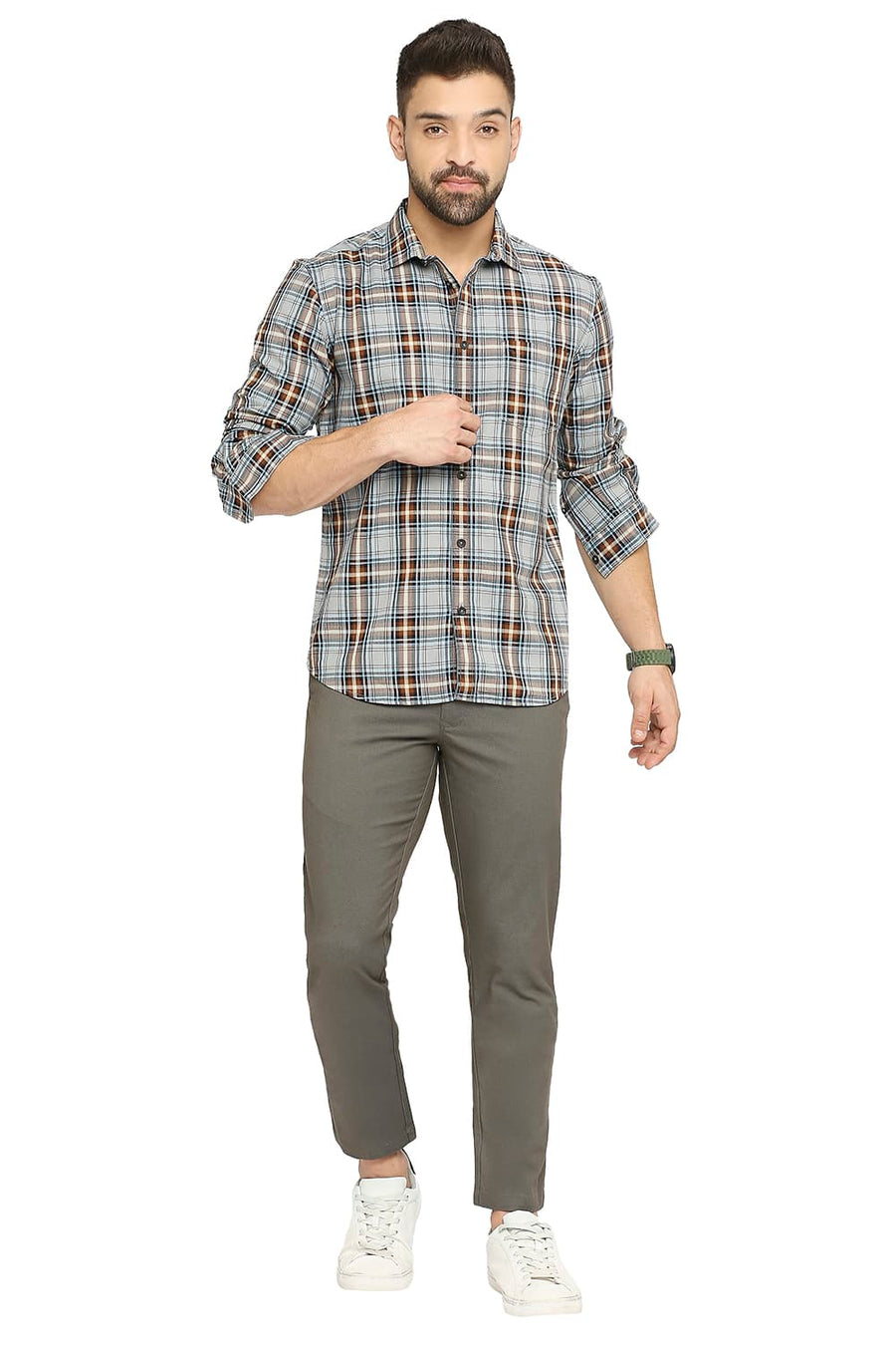 BASICS SLIM FIT MIRAGE GREY COTTON TWILL CHECKS SHIRT