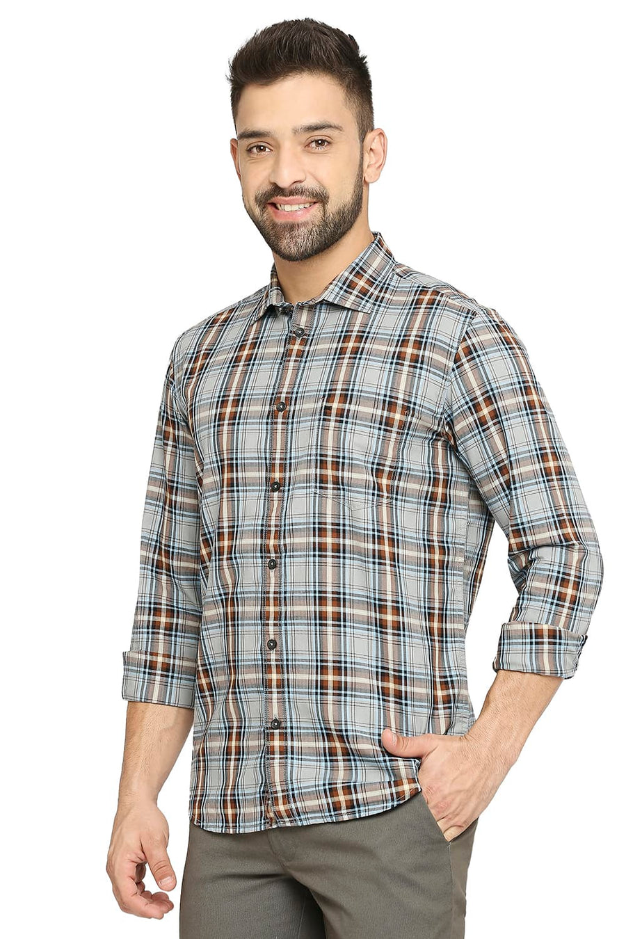 BASICS SLIM FIT MIRAGE GREY COTTON TWILL CHECKS SHIRT
