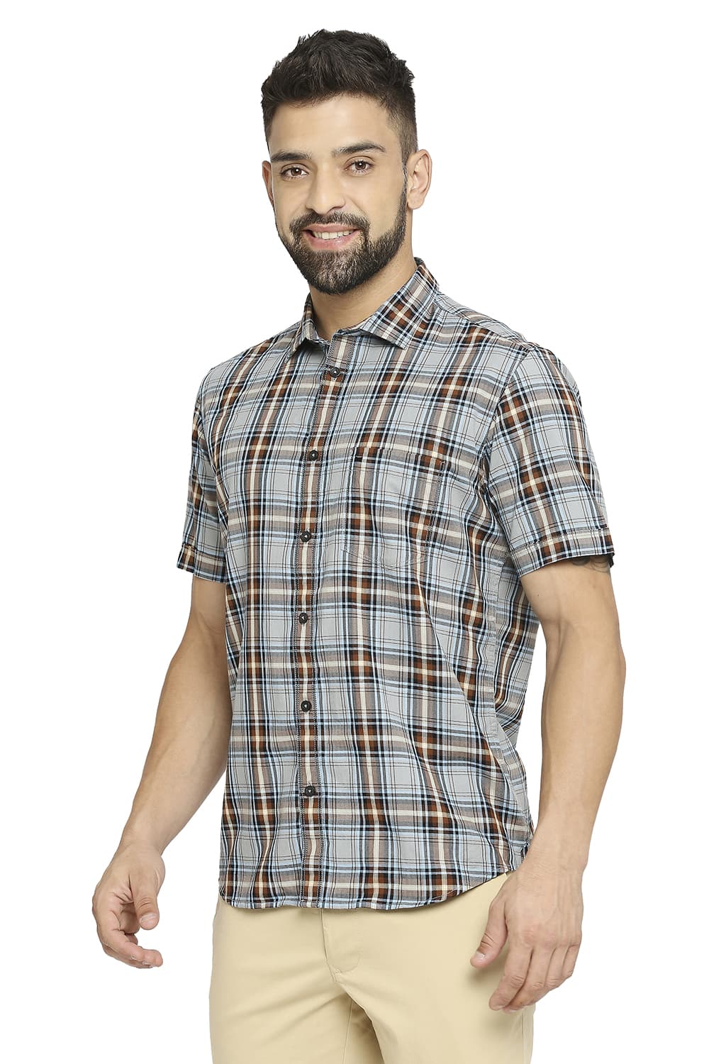 BASICS SLIM FIT COTTON TWILL CHECKS HALFSLEEVES SHIRT