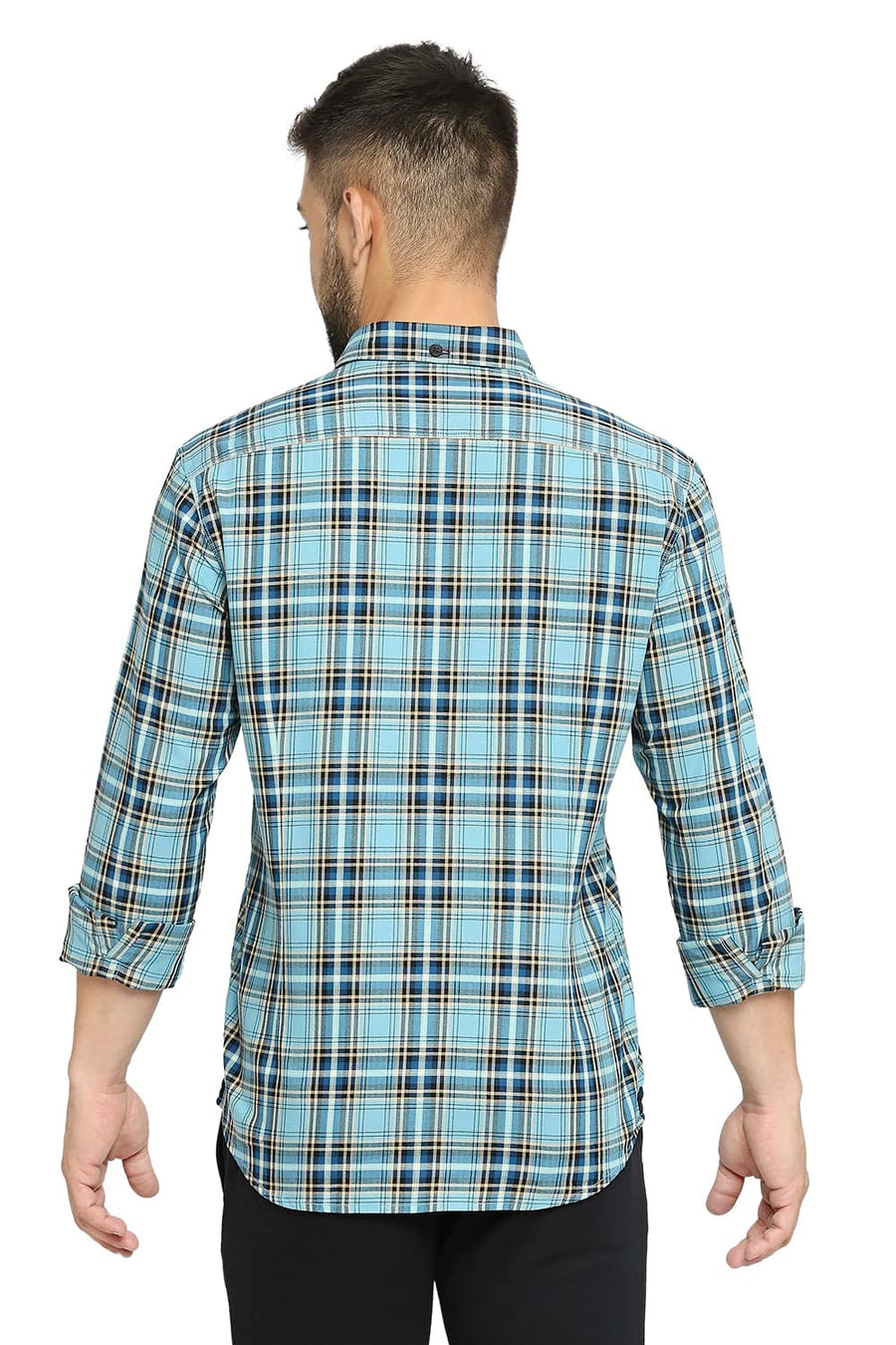 BASICS SLIM FIT ALASKAN BLUE COTTON TWILL CHECKS SHIRT