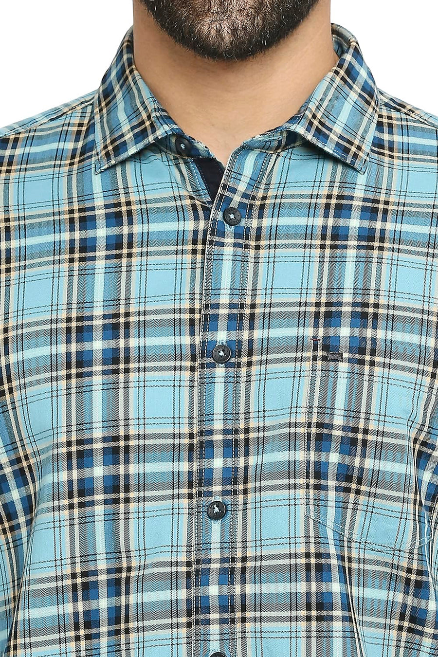 BASICS SLIM FIT ALASKAN BLUE COTTON TWILL CHECKS SHIRT
