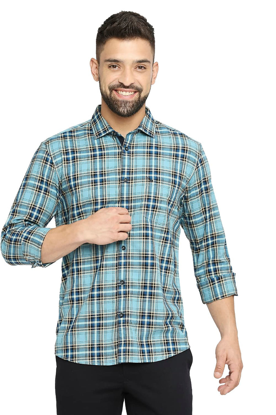 BASICS SLIM FIT ALASKAN BLUE COTTON TWILL CHECKS SHIRT