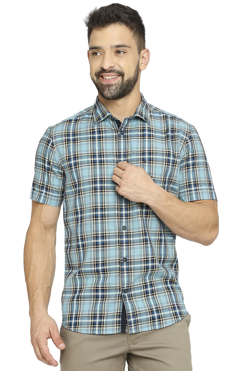 BASICS SLIM FIT COTTON TWILL CHECKS HALFSLEEVES SHIRT