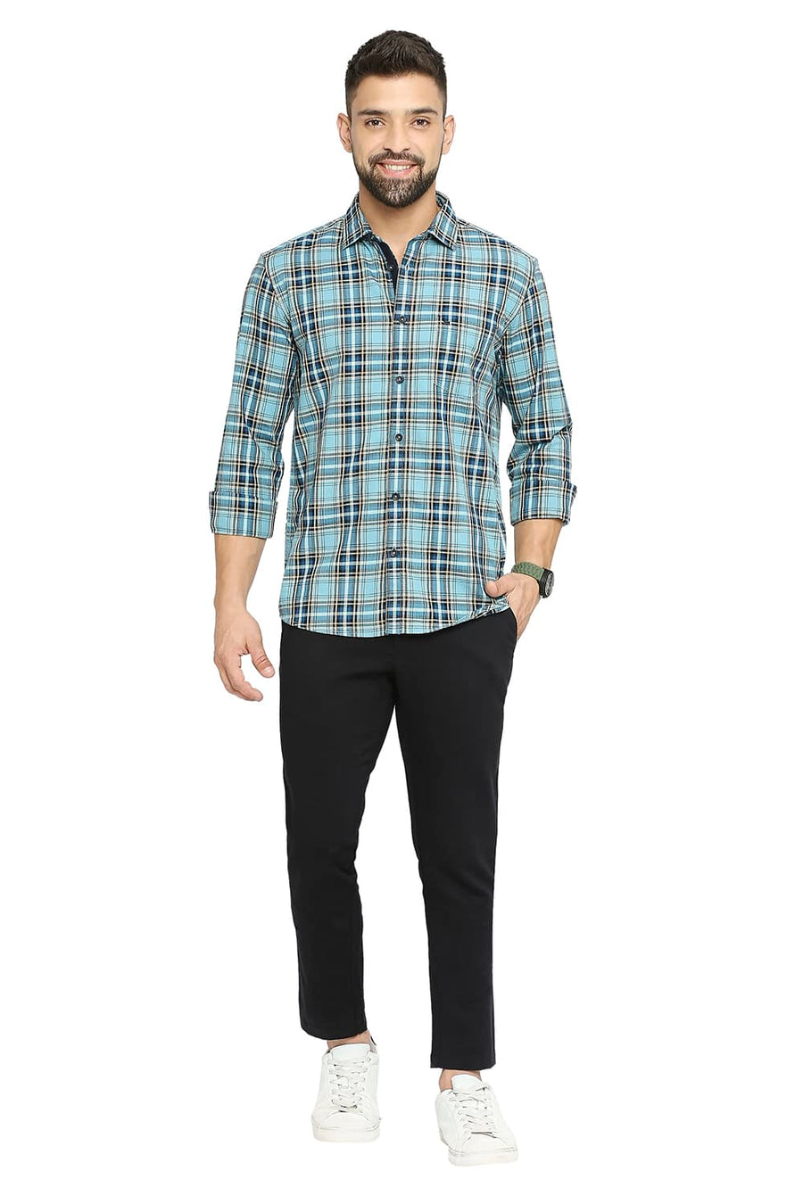 BASICS SLIM FIT ALASKAN BLUE COTTON TWILL CHECKS SHIRT
