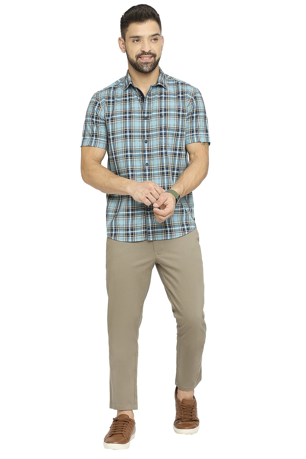 BASICS SLIM FIT COTTON TWILL CHECKS HALFSLEEVES SHIRT