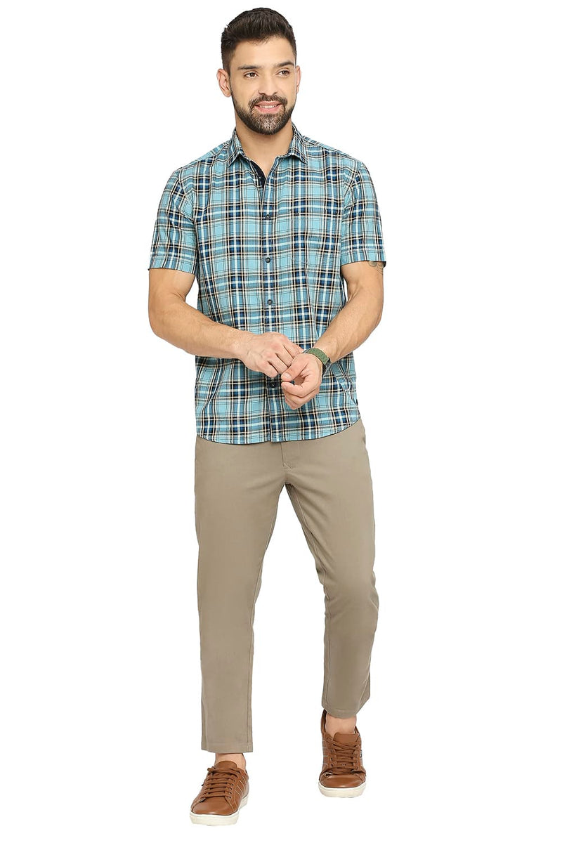 BASICS SLIM FIT COTTON TWILL CHECKS HALFSLEEVES SHIRT