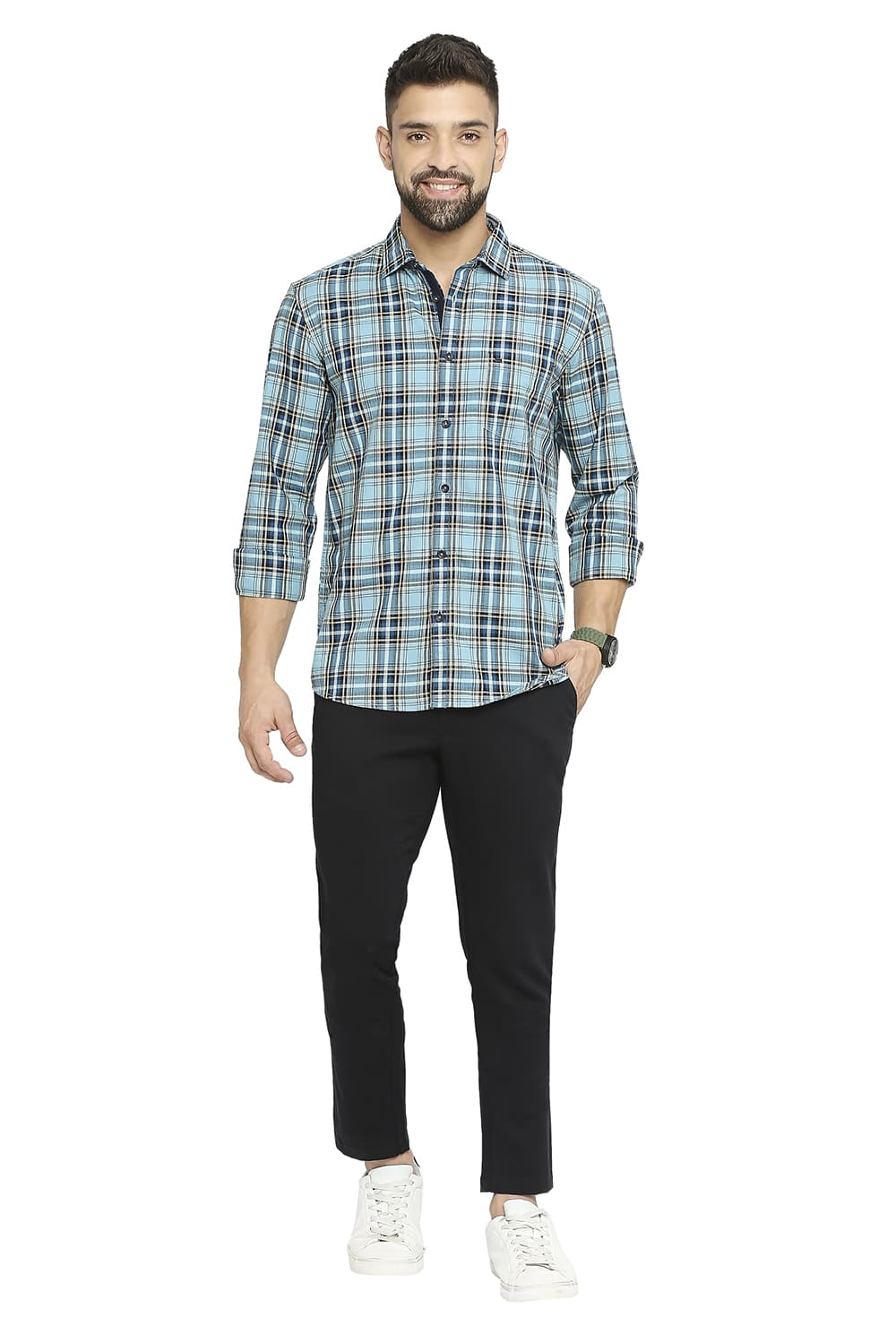 BASICS SLIM FIT COTTON TWILL CHECKS SHIRT