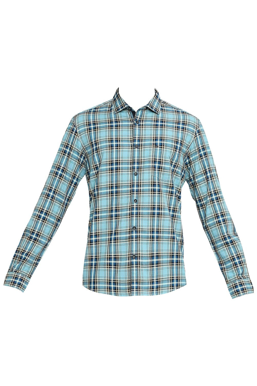 BASICS SLIM FIT ALASKAN BLUE COTTON TWILL CHECKS SHIRT