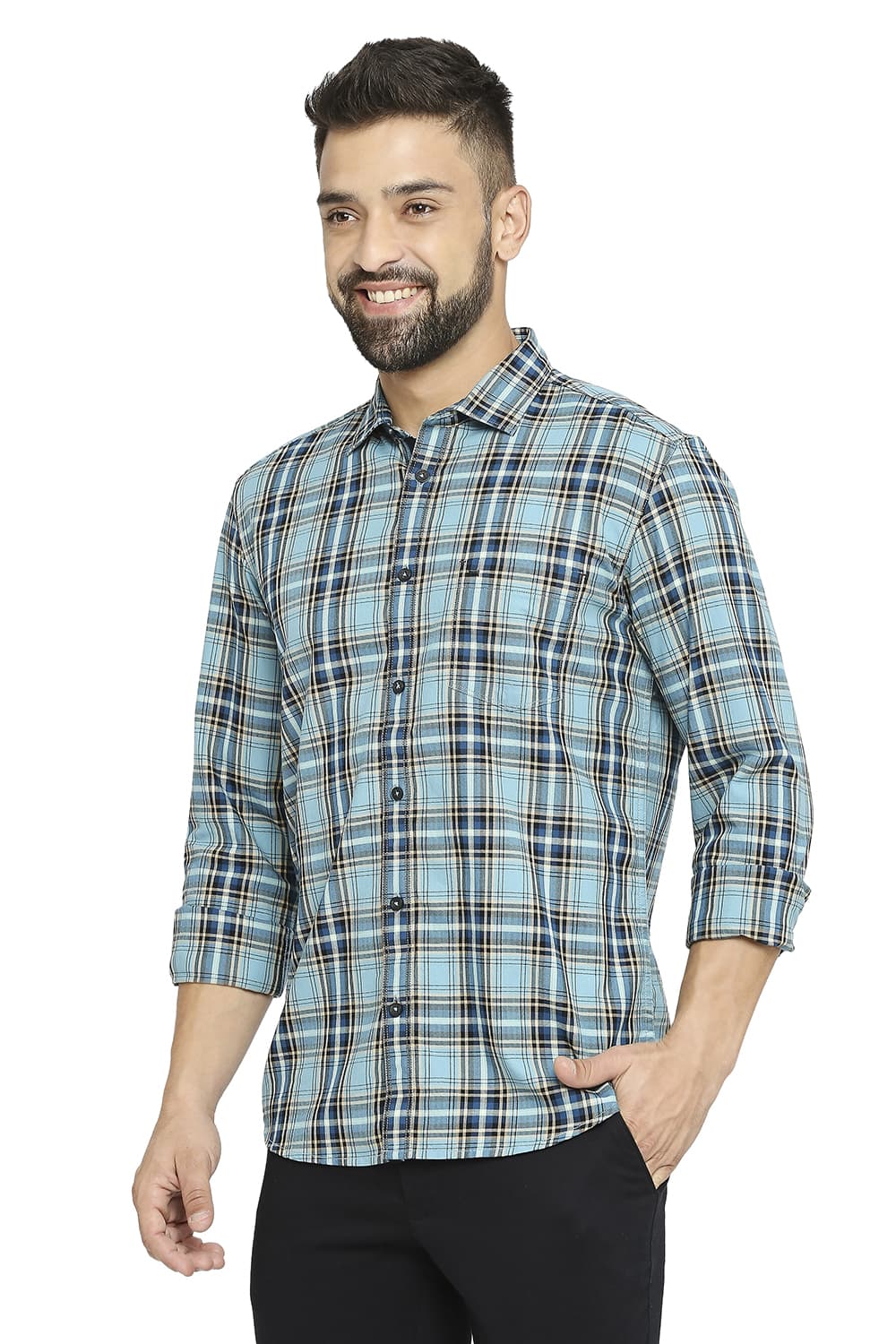 BASICS SLIM FIT COTTON TWILL CHECKS SHIRT