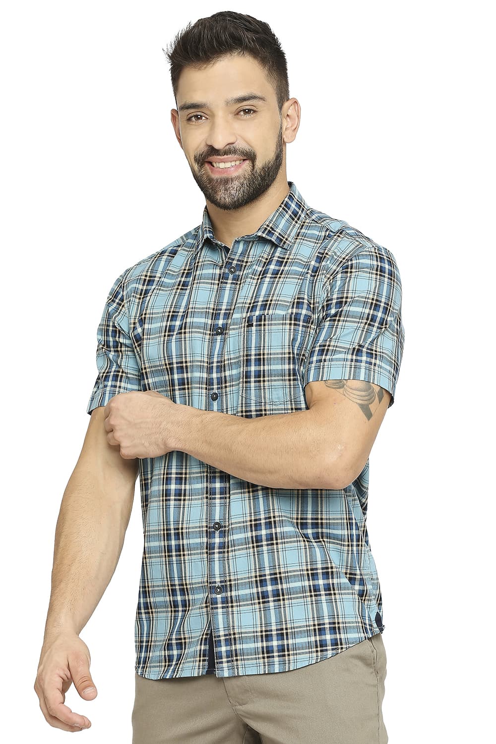 BASICS SLIM FIT COTTON TWILL CHECKS HALFSLEEVES SHIRT