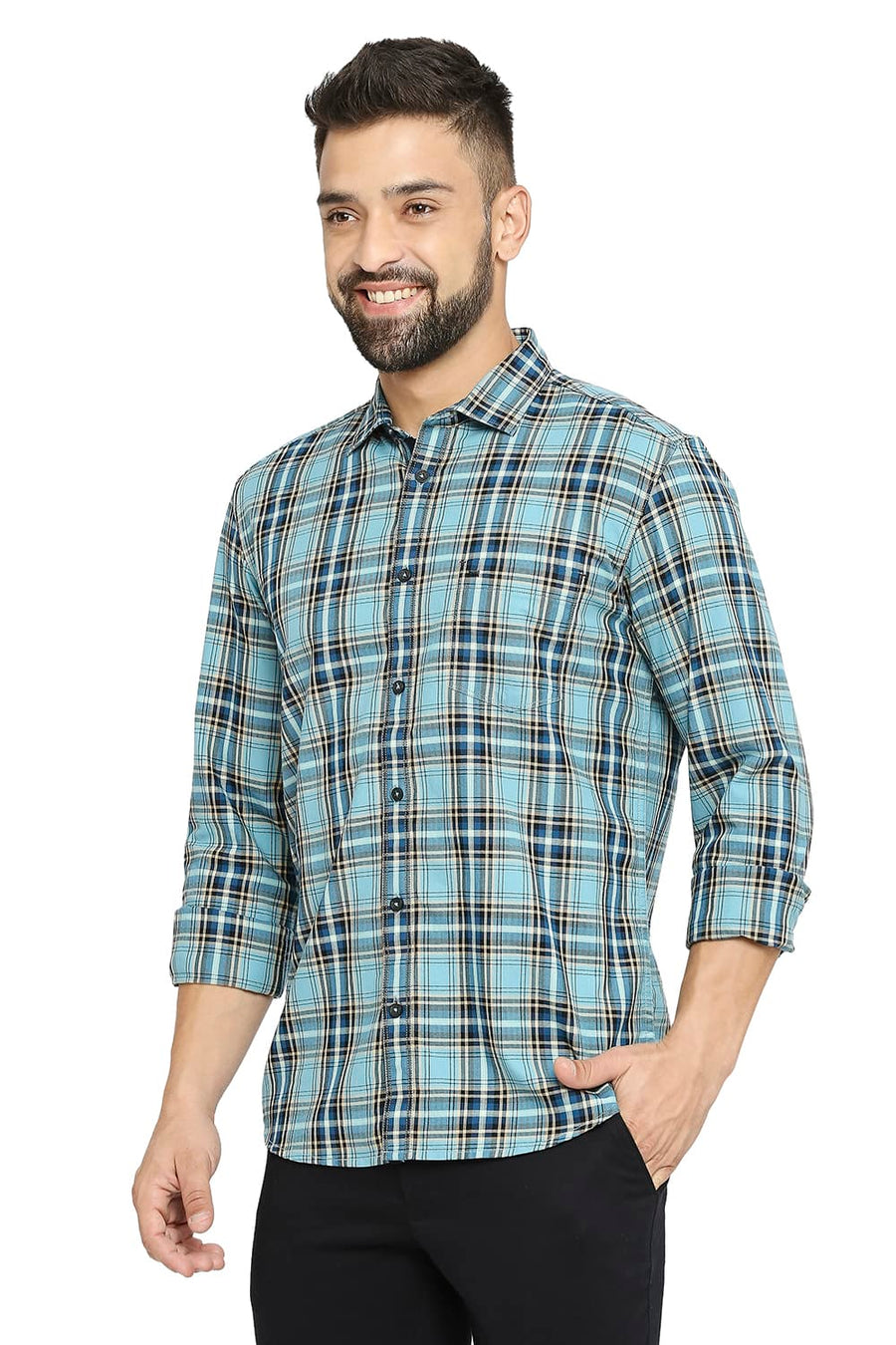 BASICS SLIM FIT ALASKAN BLUE COTTON TWILL CHECKS SHIRT
