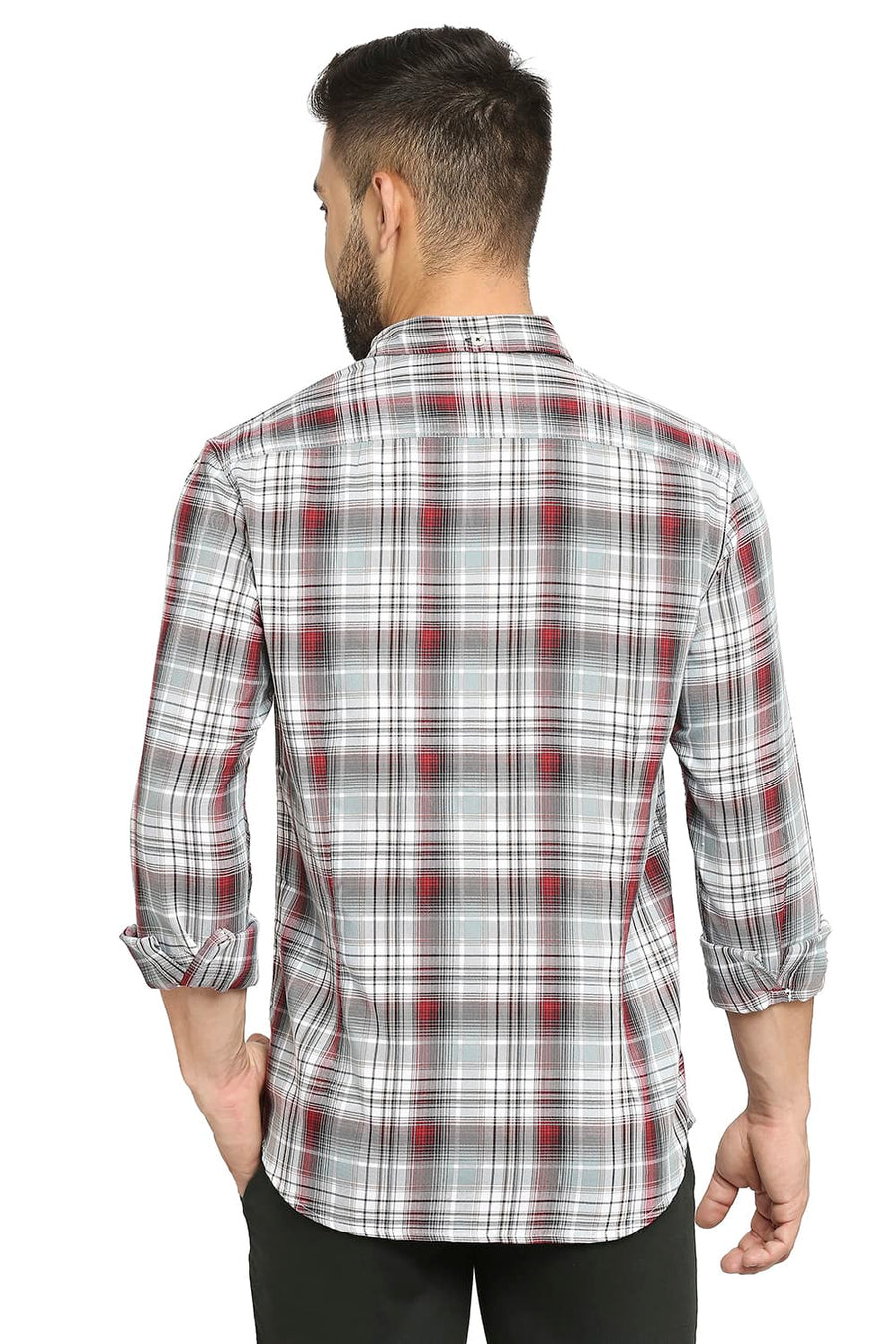 BASICS SLIM FIT SLEET GREY COTTON POLYESTER TWILL CHECKS SHIRT
