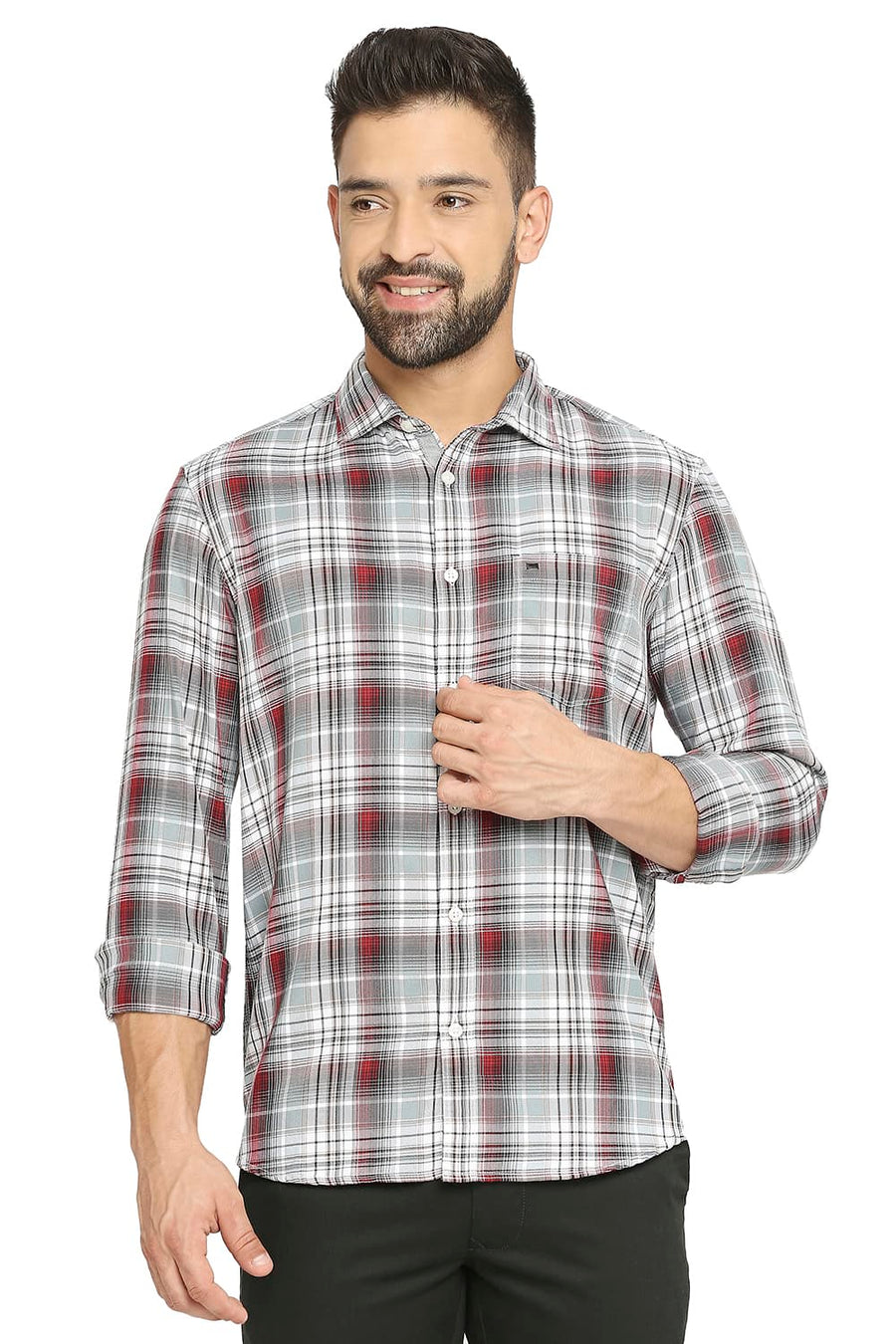 BASICS SLIM FIT SLEET GREY COTTON POLYESTER TWILL CHECKS SHIRT