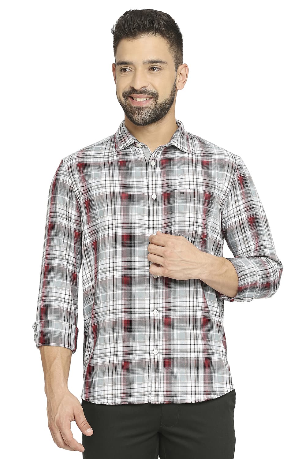 BASICS SLIM FIT COTTON POLYESTER TWILL CHECKS SHIRT