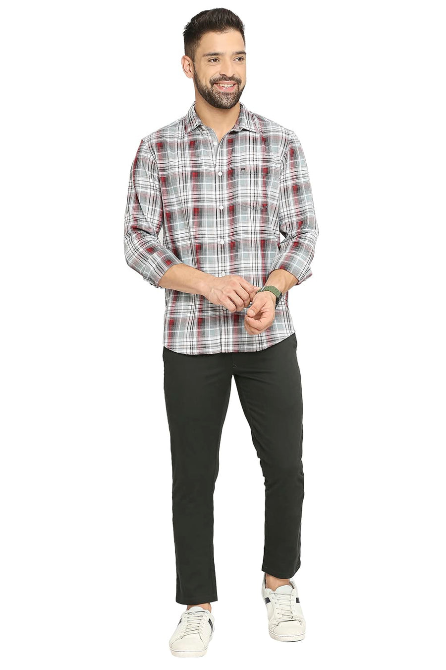BASICS SLIM FIT SLEET GREY COTTON POLYESTER TWILL CHECKS SHIRT