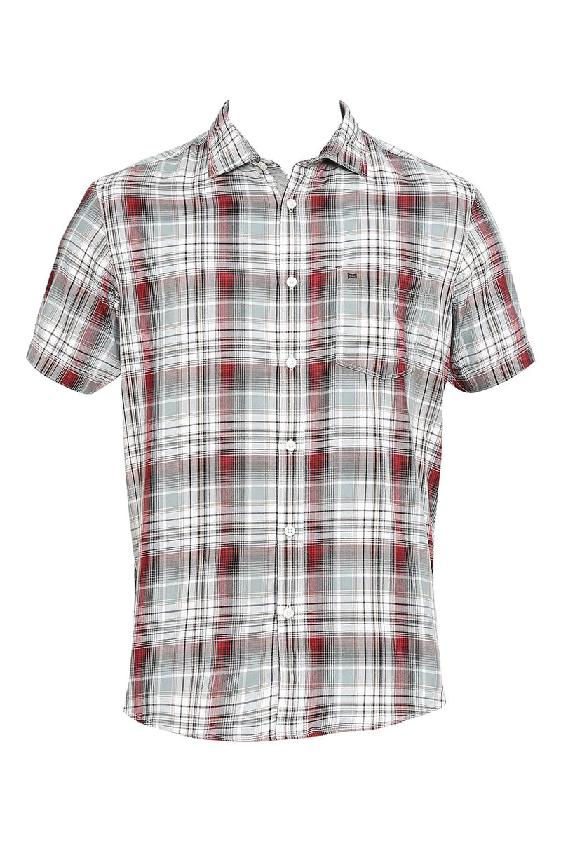 BASICS SLIM FIT COTTON POLYESTER TWILL CHECKS HALFSLEEVES SHIRT