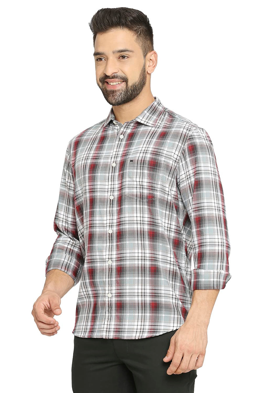 BASICS SLIM FIT SLEET GREY COTTON POLYESTER TWILL CHECKS SHIRT