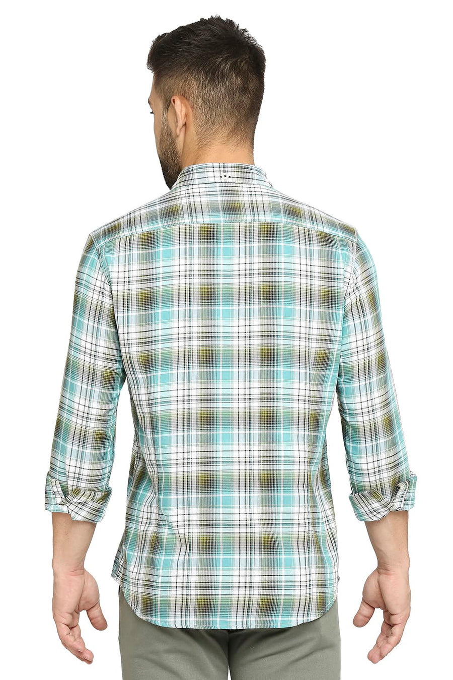 BASICS SLIM FIT TEAL LAGOON COTTON POLYESTER TWILL CHECKS SHIRT