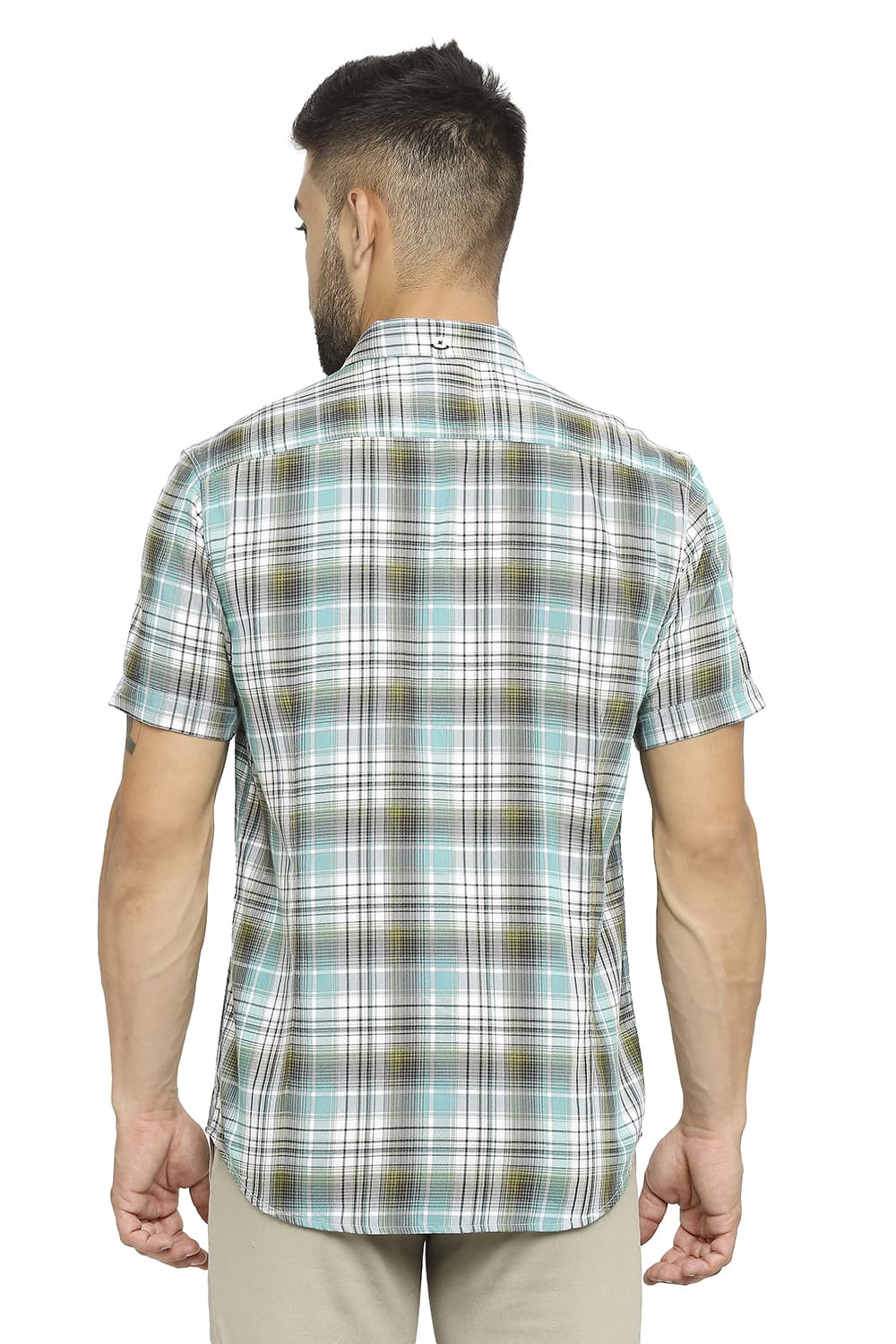 BASICS SLIM FIT COTTON POLYESTER TWILL CHECKS HALFSLEEVES SHIRT