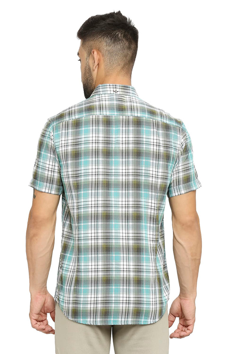 BASICS SLIM FIT COTTON POLYESTER TWILL CHECKS HALFSLEEVES SHIRT