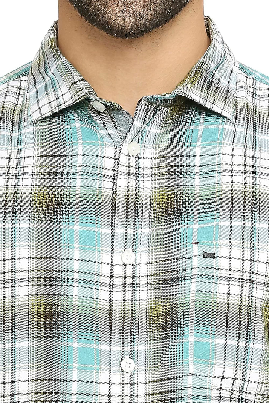 BASICS SLIM FIT TEAL LAGOON COTTON POLYESTER TWILL CHECKS SHIRT