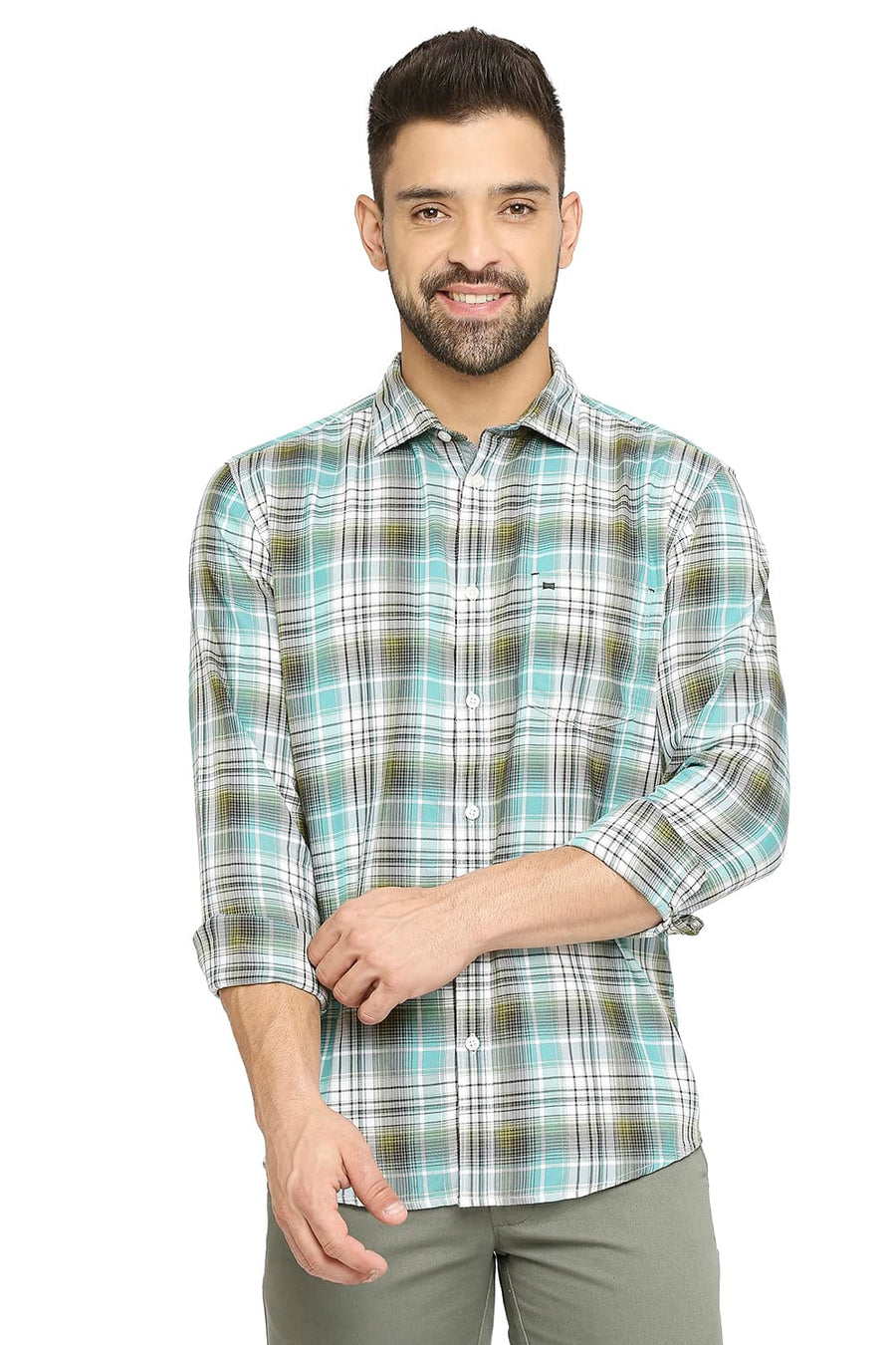 BASICS SLIM FIT TEAL LAGOON COTTON POLYESTER TWILL CHECKS SHIRT