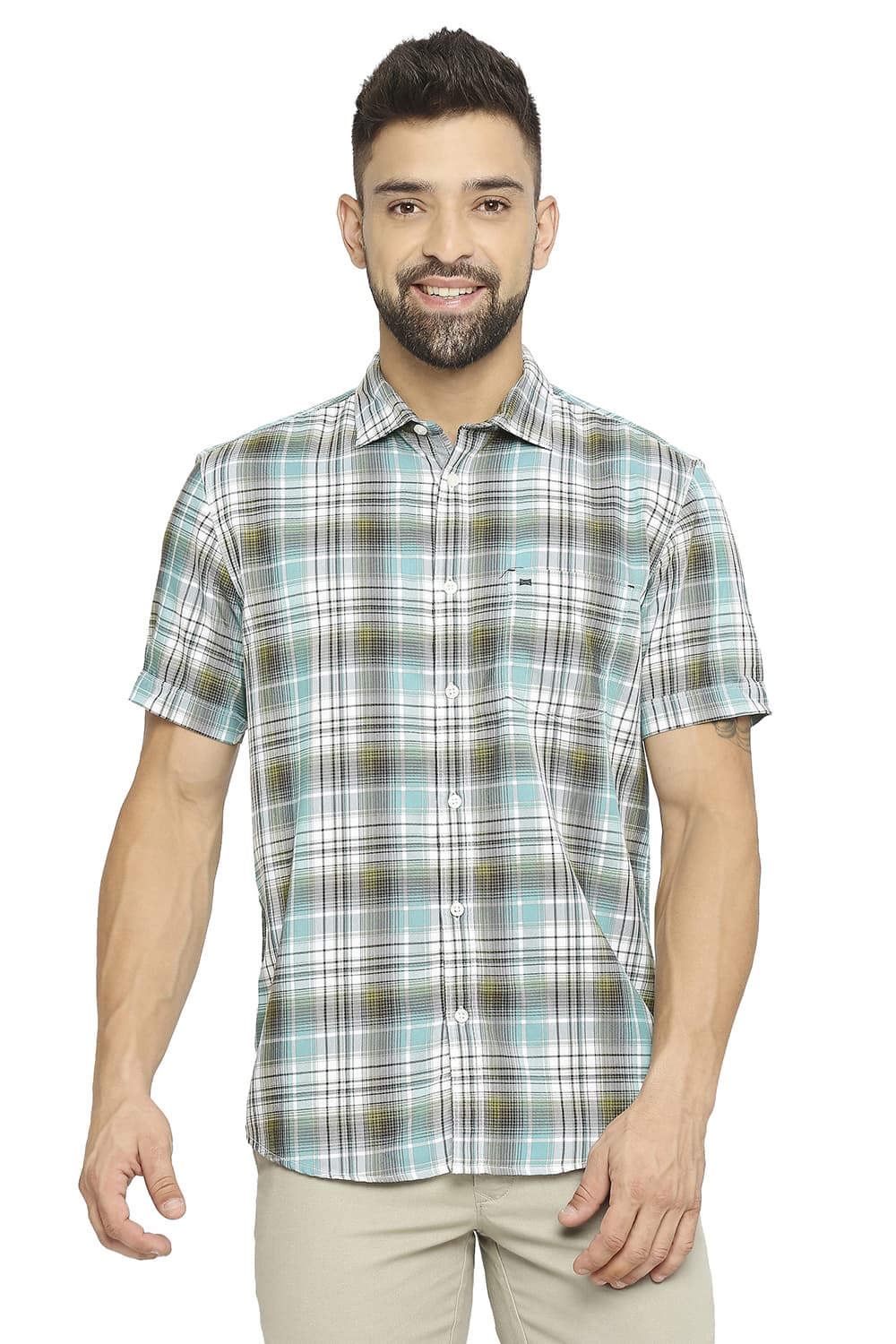 BASICS SLIM FIT COTTON POLYESTER TWILL CHECKS HALFSLEEVES SHIRT