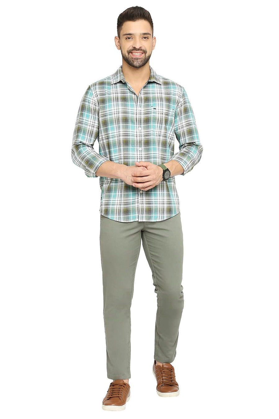 BASICS SLIM FIT TEAL LAGOON COTTON POLYESTER TWILL CHECKS SHIRT
