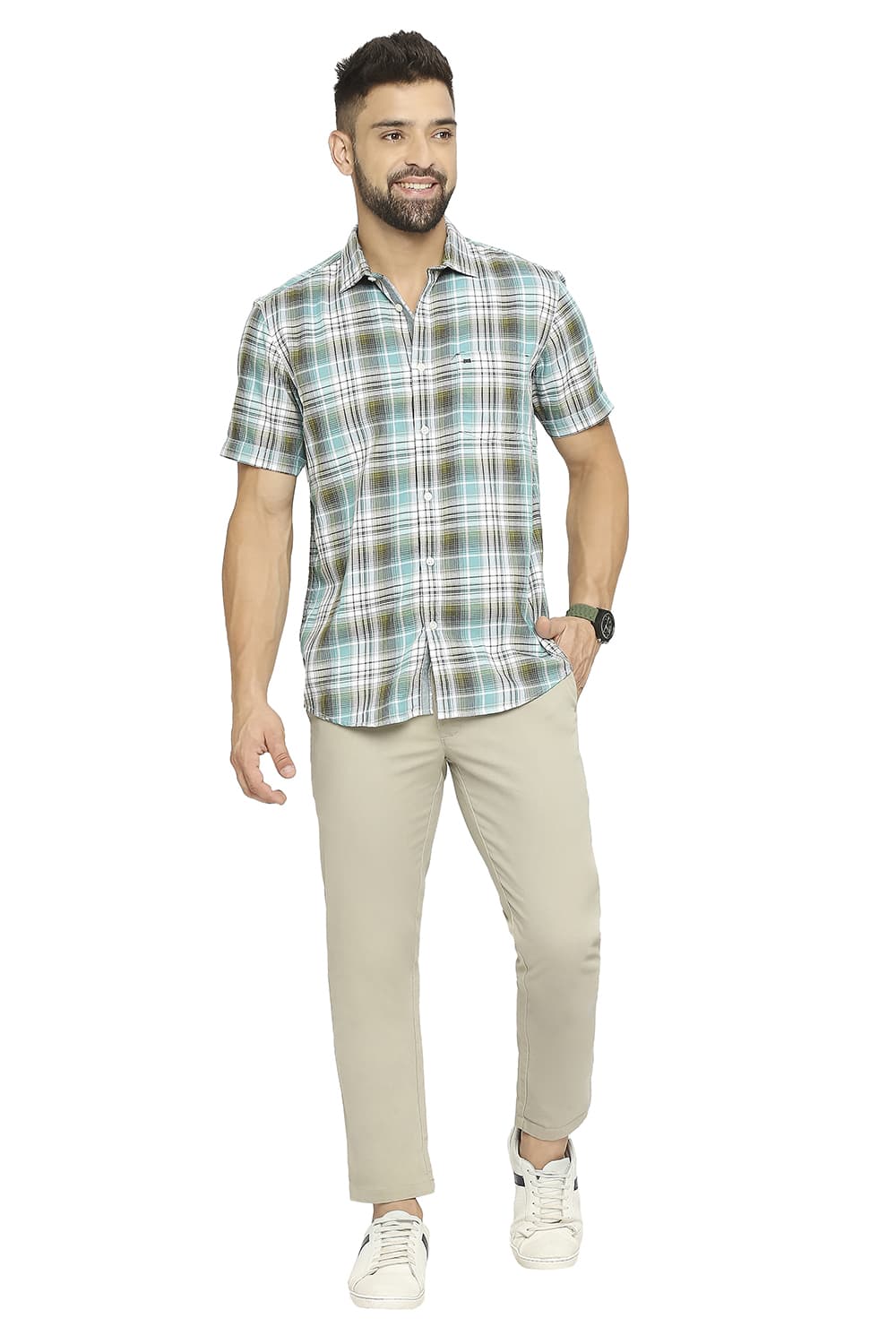 BASICS SLIM FIT COTTON POLYESTER TWILL CHECKS HALFSLEEVES SHIRT