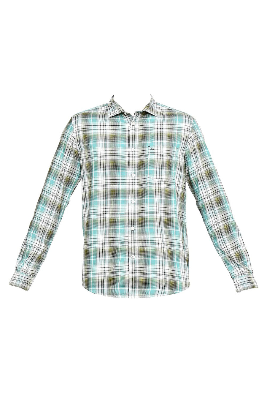 BASICS SLIM FIT TEAL LAGOON COTTON POLYESTER TWILL CHECKS SHIRT