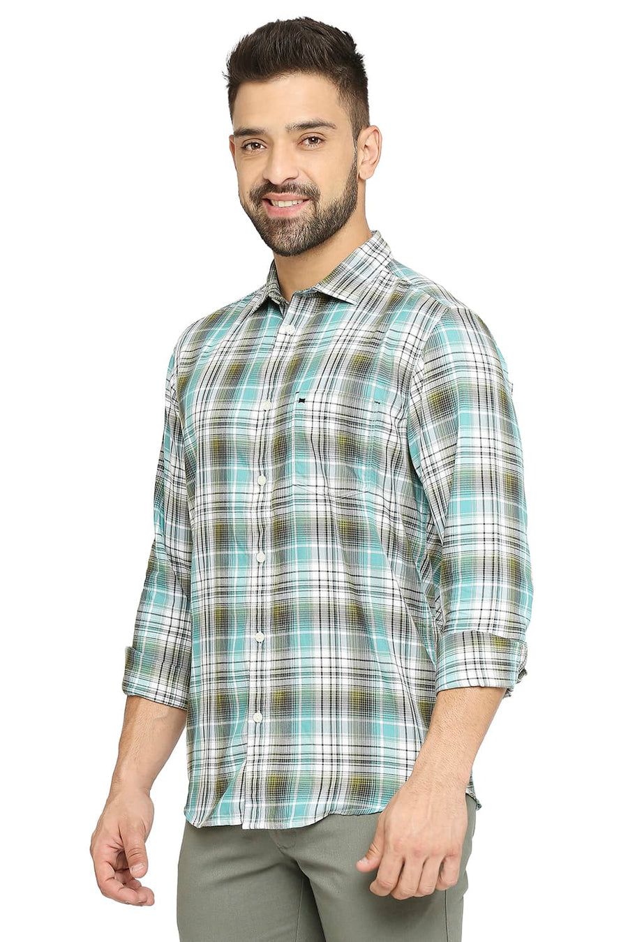 BASICS SLIM FIT TEAL LAGOON COTTON POLYESTER TWILL CHECKS SHIRT