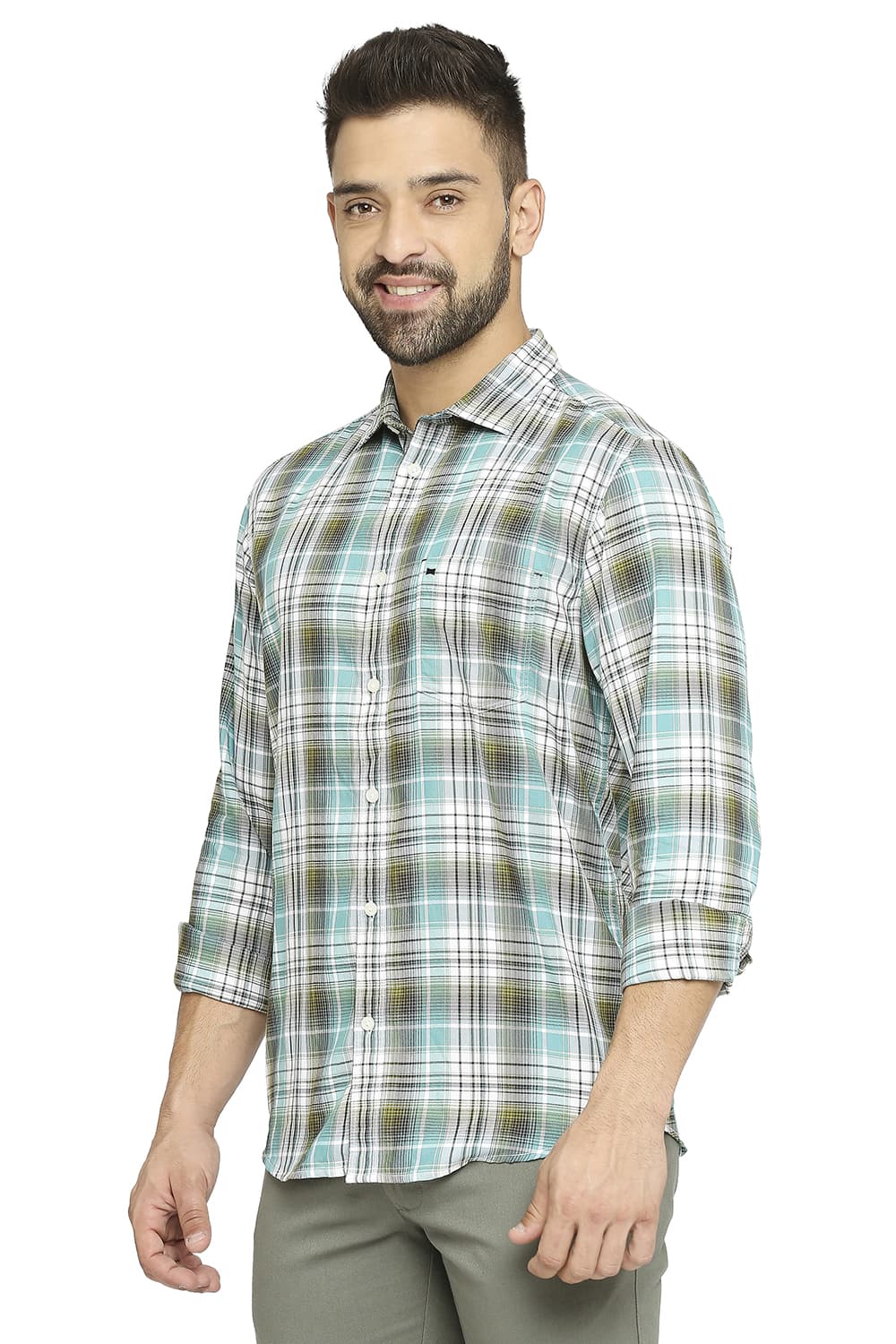 BASICS SLIM FIT COTTON POLYESTER TWILL CHECKS SHIRT