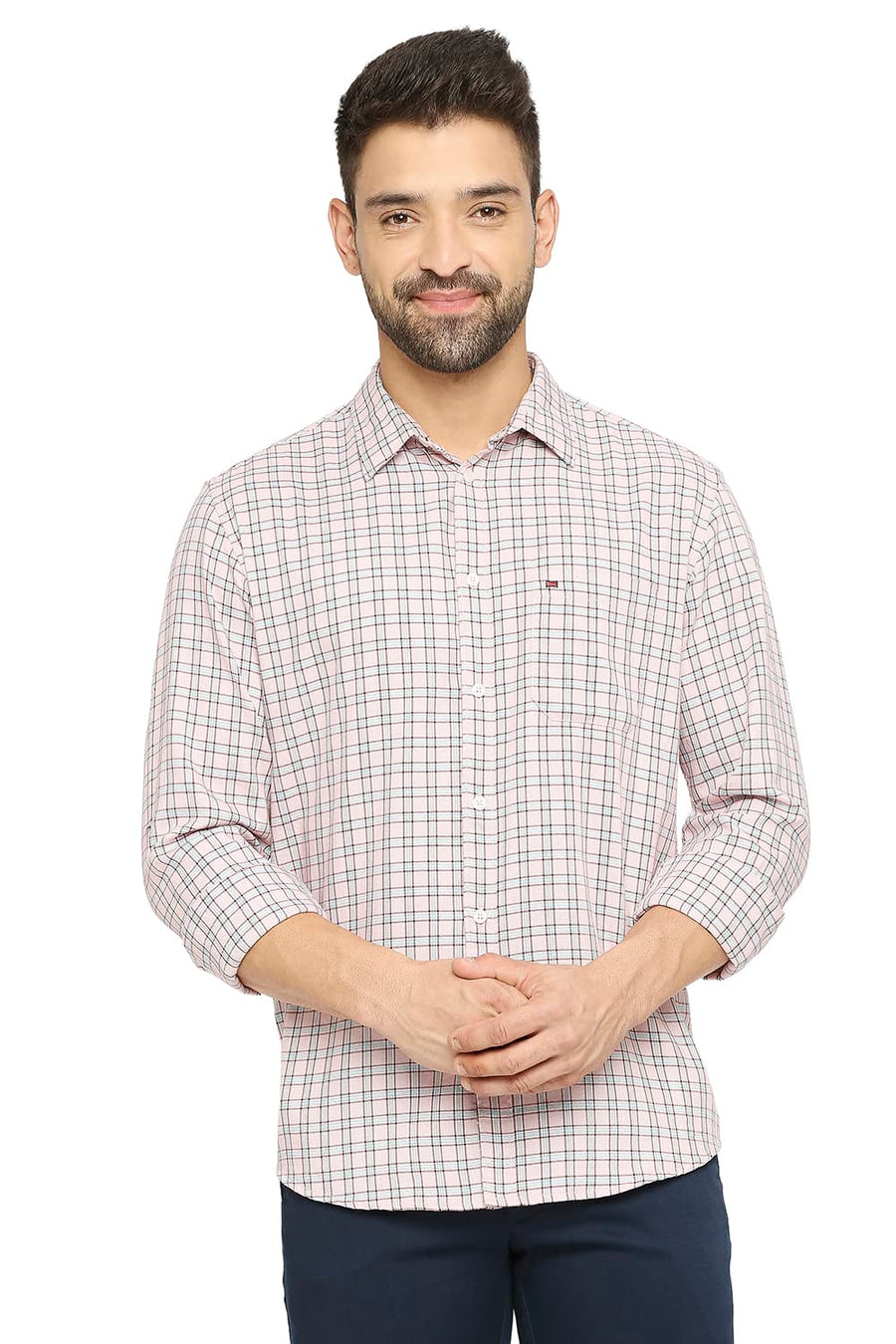 BASICS SLIM FIT SILVER PINK COTTON POLYESTER TWILL CHECKS SHIRT