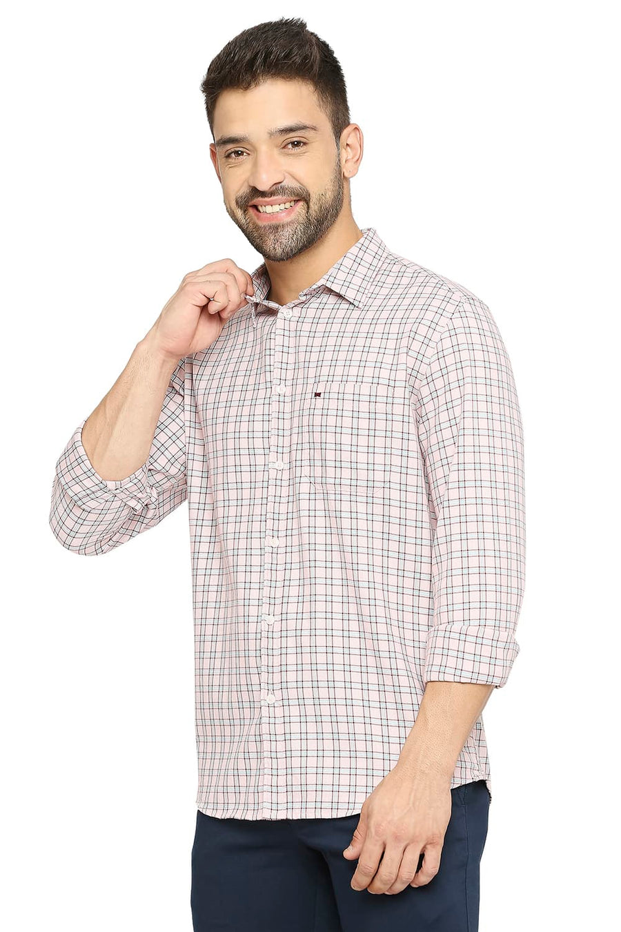 BASICS SLIM FIT SILVER PINK COTTON POLYESTER TWILL CHECKS SHIRT