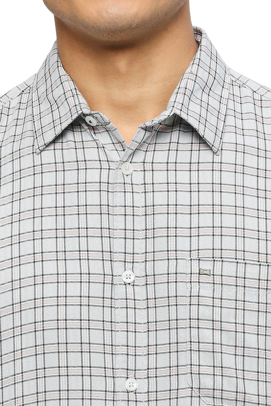 BASICS SLIM FIT GLACIER GREY COTTON POLYESTER TWILL CHECKS SHIRT