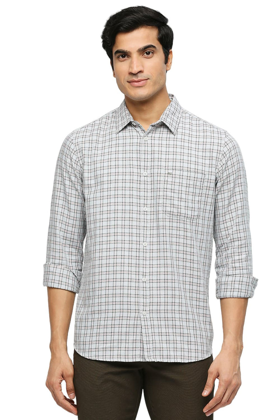 BASICS SLIM FIT GLACIER GREY COTTON POLYESTER TWILL CHECKS SHIRT